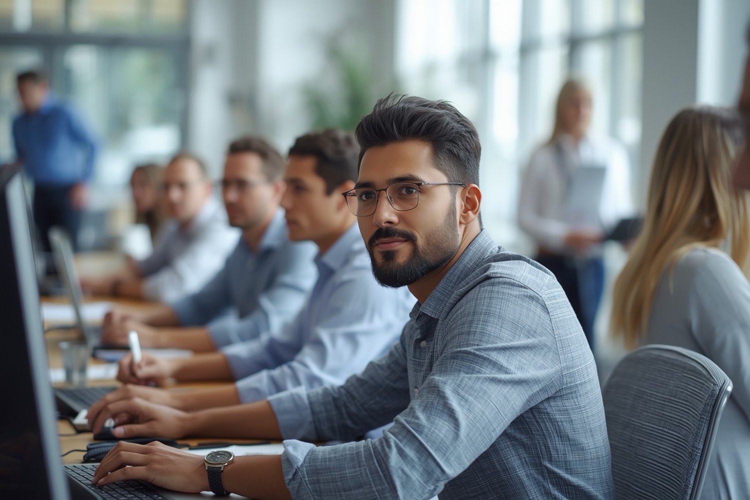 Engineers and staff at a mid-size company working together at desks and a whiteboard