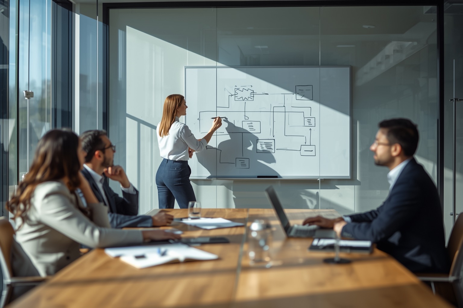 Consultant sketching a workflow on a whiteboard for executives