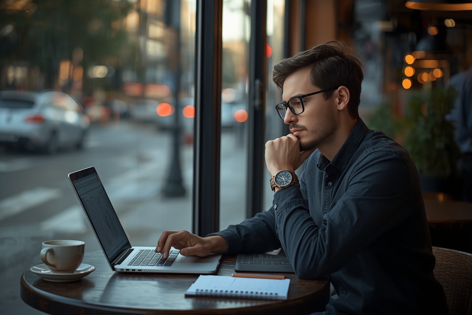 Software engineer reading on a laptop at a cafe window
