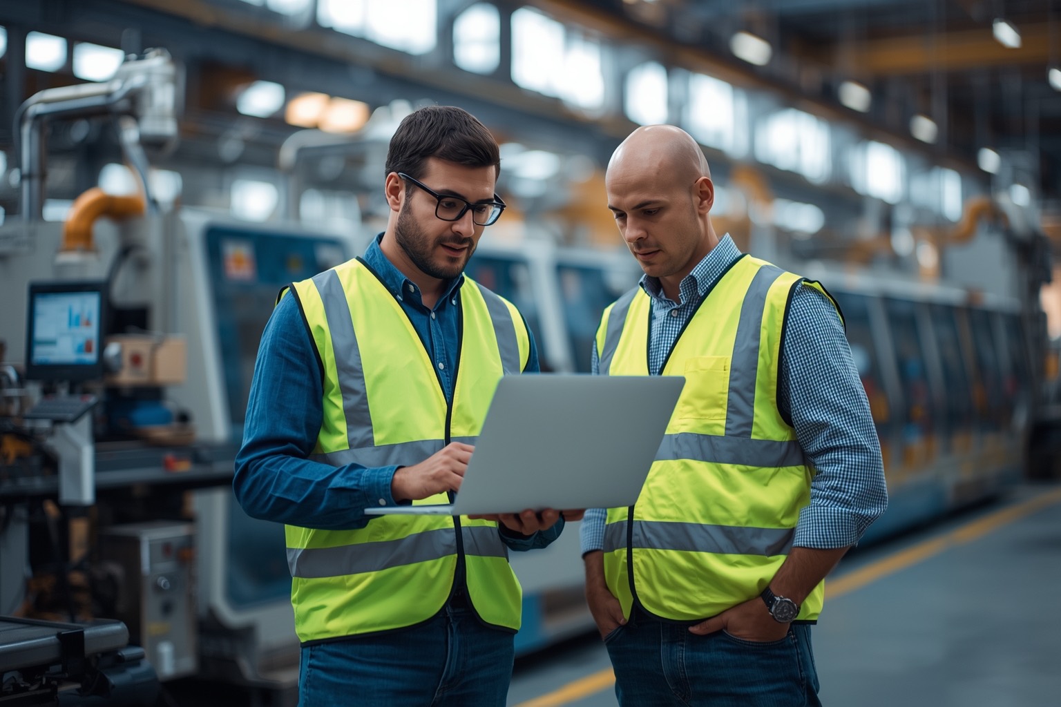 Engineer with a laptop talking with a plant manager on a factory floor