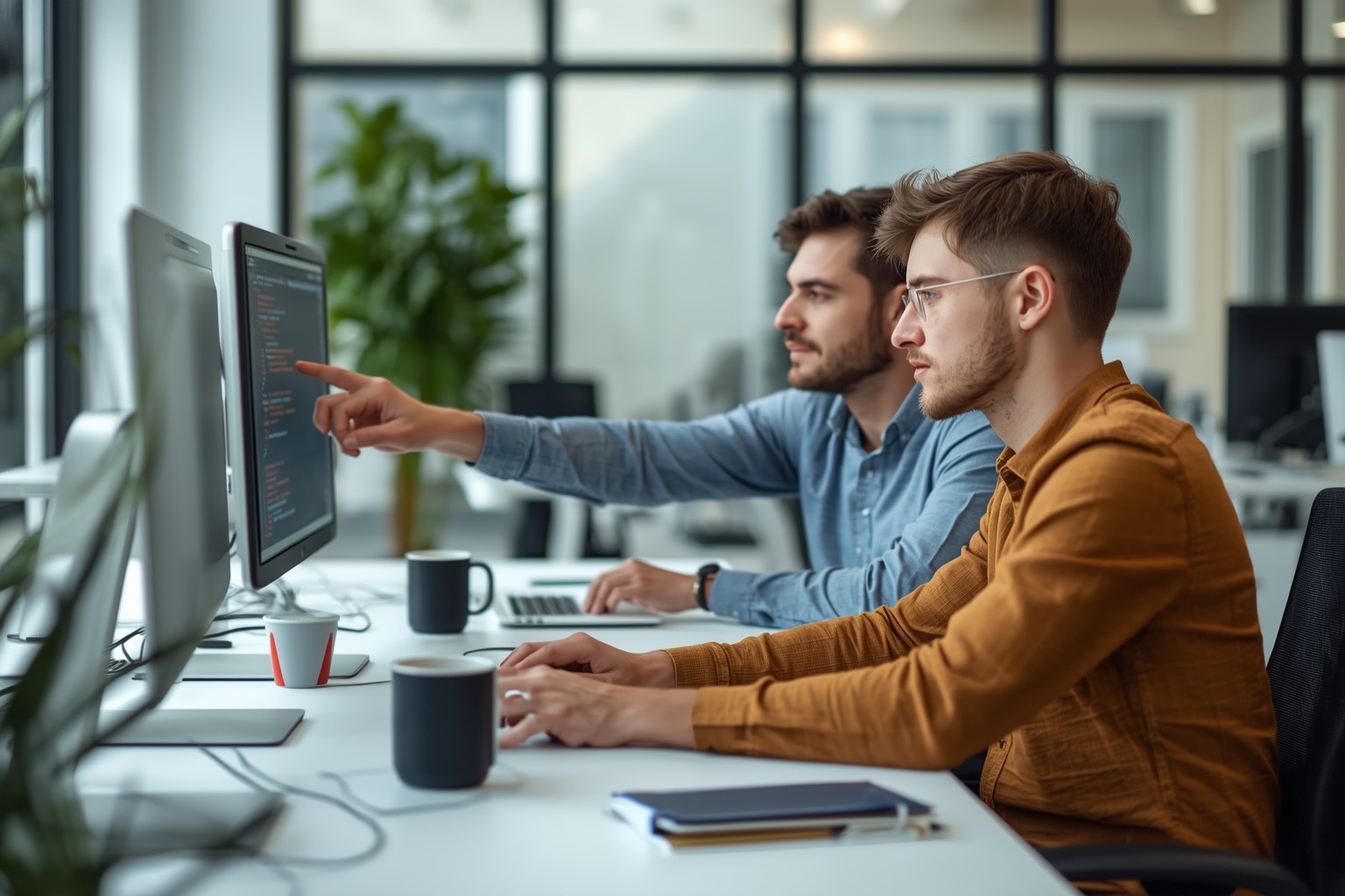 Two software engineers reviewing code together at one desk